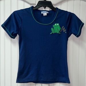 70s Blue Frog Shirt M Vintage Hippie Costal Grandma
